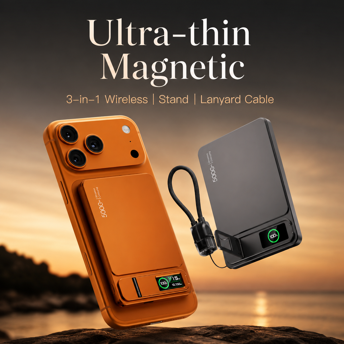 An orange power bank attached to a phone floats beside a gray model with a looped cable against a sunset. Text advertises wireless charging, a stand and a lanyard cable.