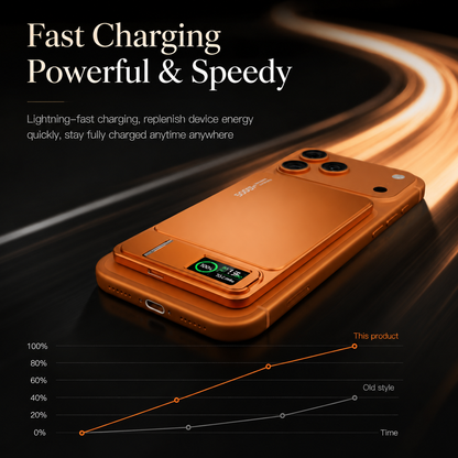An orange phone and attached power bank sit beneath glowing orange streaks. A graph labeled This product and Old style illustrates an advertised charging-speed comparison.