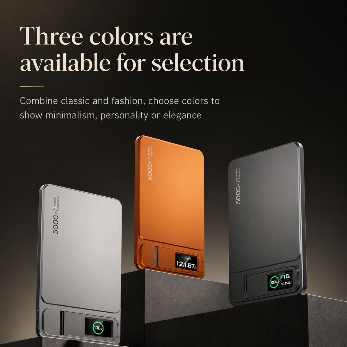 Silver-colored, orange and dark gray power banks stand on stepped blocks, displaying their small screens. The heading presents three available colors.