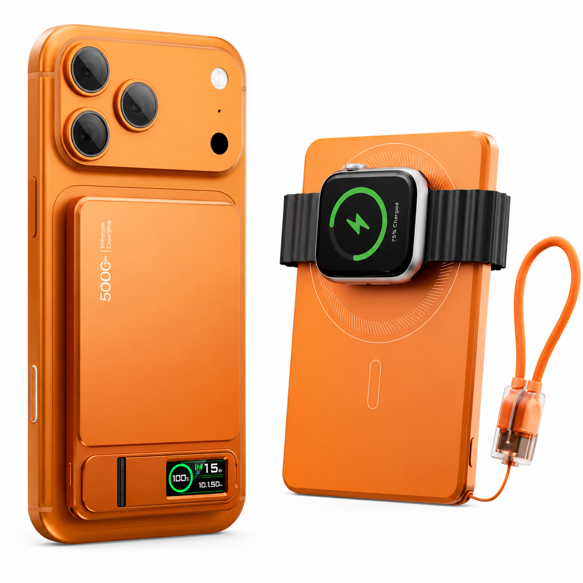 An orange rectangular power bank attaches to the back of an orange phone. A second view shows its circular charging surface, a charging smartwatch and an orange cable loop.