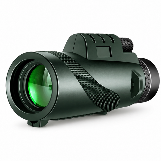 A compact dark green monocular lies on its side, with a green-reflective front lens, textured grip panels, rear eyepiece, and raised focusing wheel.