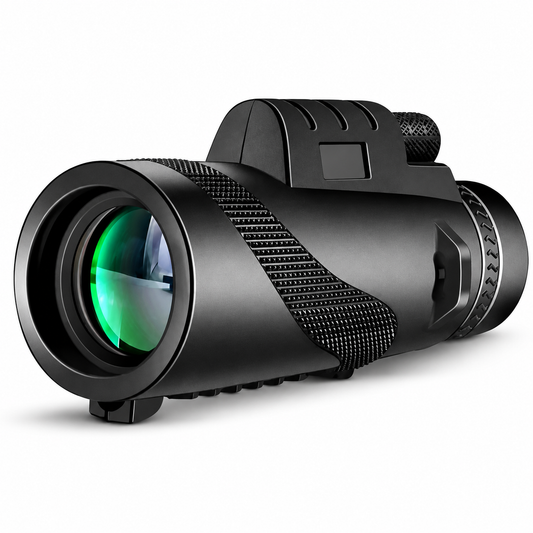 A compact black monocular lies on its side, with a green-reflective front lens, textured grip panels, rear eyepiece, and raised focusing wheel.