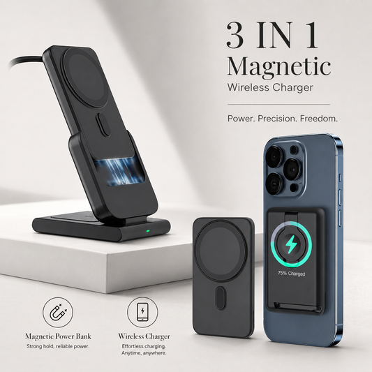 A black charging stand and detachable rectangular magnetic power bank are shown beside a blue phone with the battery pack attached to its back.