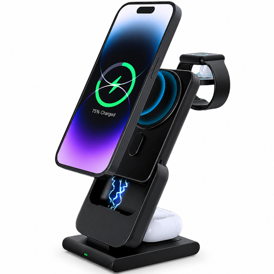 A black upright charging station holds a phone showing 75 percent charge, a black-band watch behind it, and white earbuds on the base. Blue graphics illustrate wireless power.