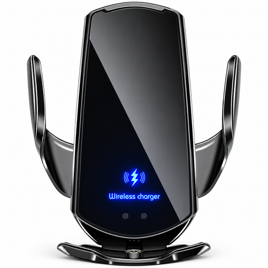 Front view of a glossy black car phone charging cradle with curved dark side arms, a lower support ledge, and a blue illuminated wireless charging symbol.