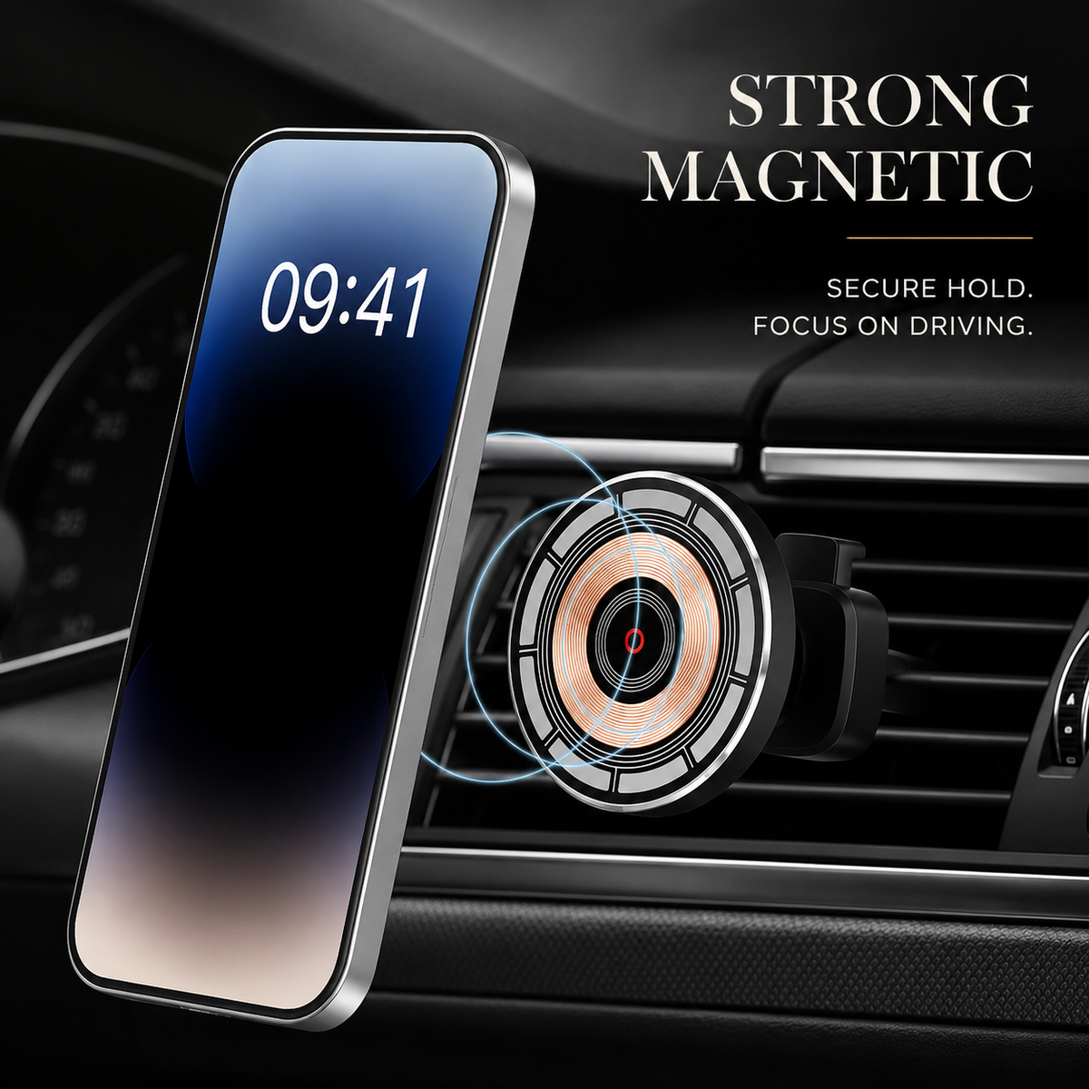A phone floats beside a round vent-mounted charger with blue concentric attachment graphics. Text advertises strong magnetic hold.