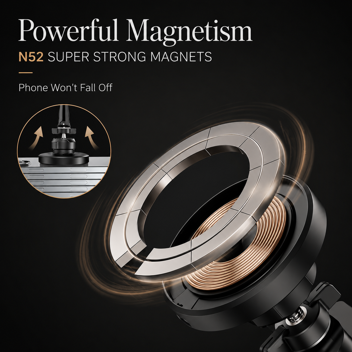 An exploded round charger shows a segmented magnet ring above a copper-colored coil. Text advertises N52 magnets and secure phone attachment.