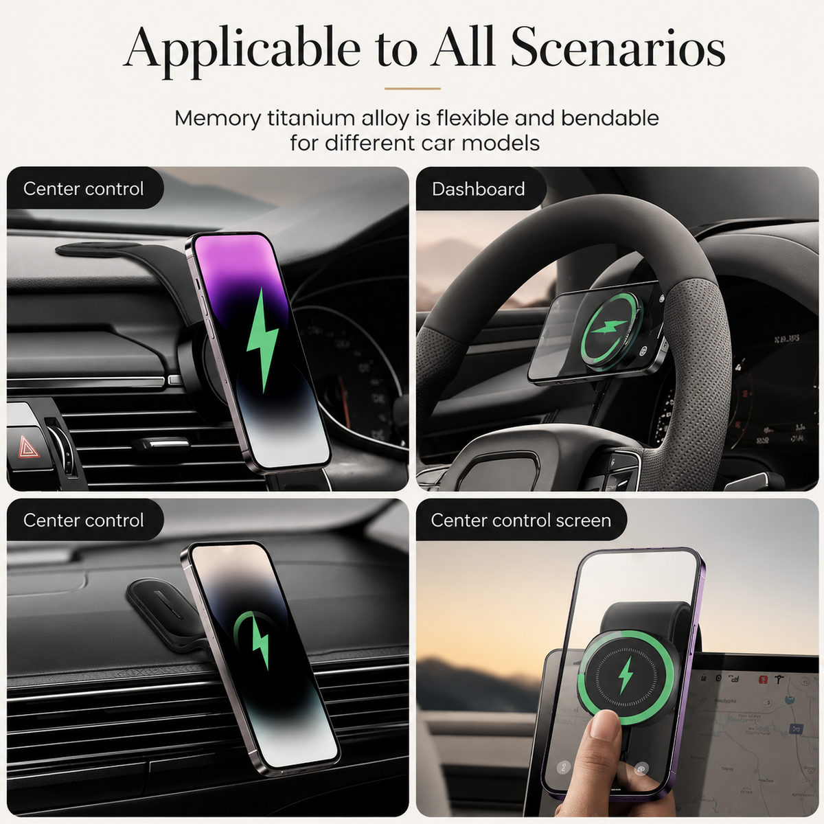 Four car-interior examples show charging phones on central controls, dashboard, vent and beside a display. Text describes a flexible mounting design.