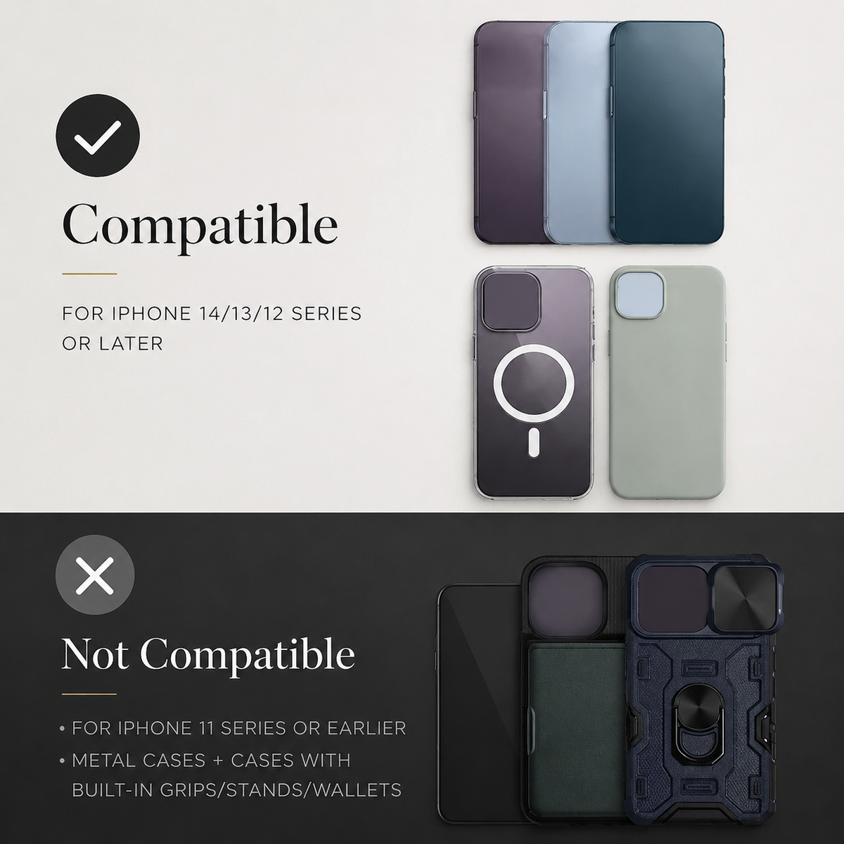 A compatibility chart marks newer iPhones and magnetic cases with a check, and older phones, metal cases and cases with grips, stands or wallets with a cross.
