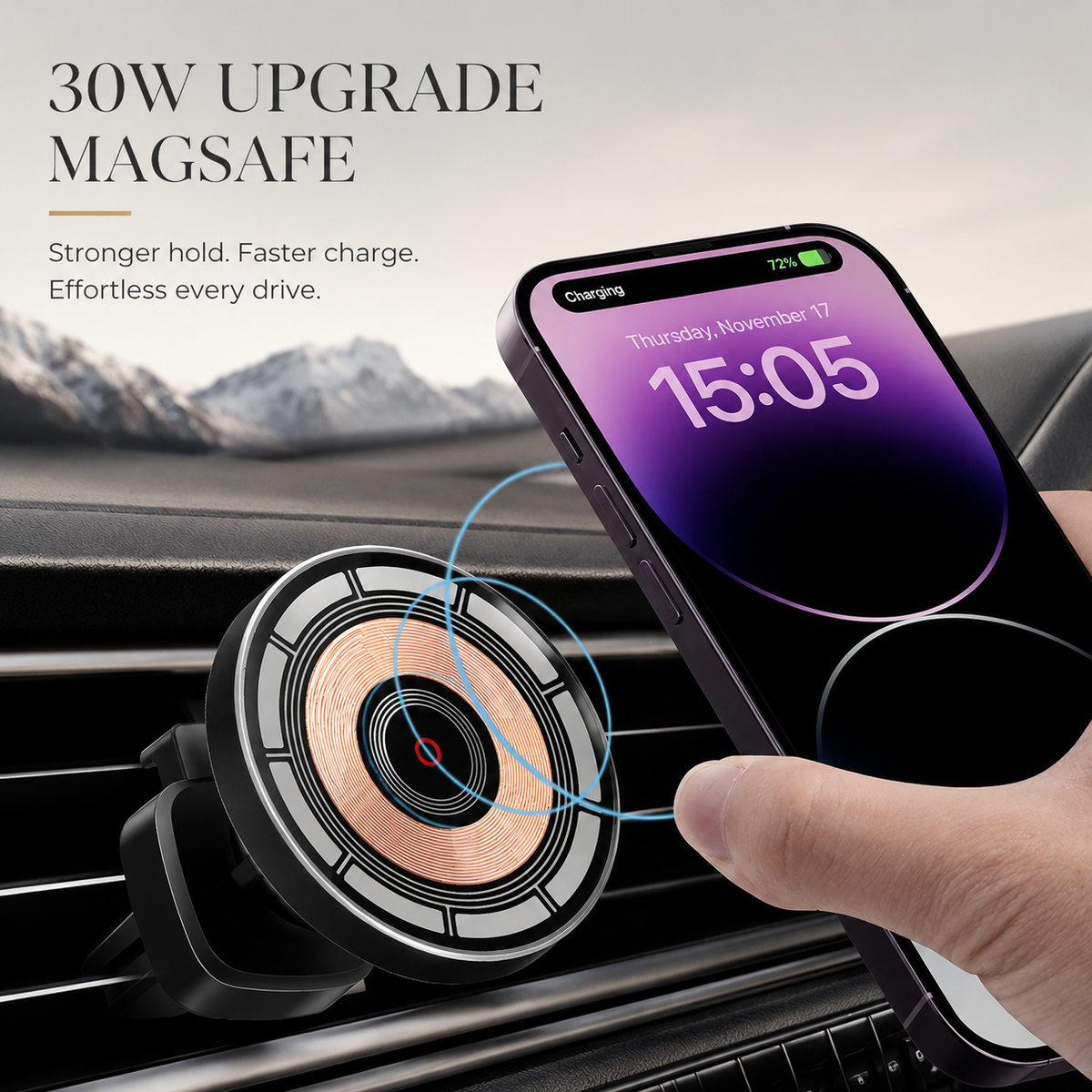 A hand brings a purple phone toward a round charger fitted to a car vent. Blue rings illustrate attachment; text advertises a 30W MagSafe upgrade.
