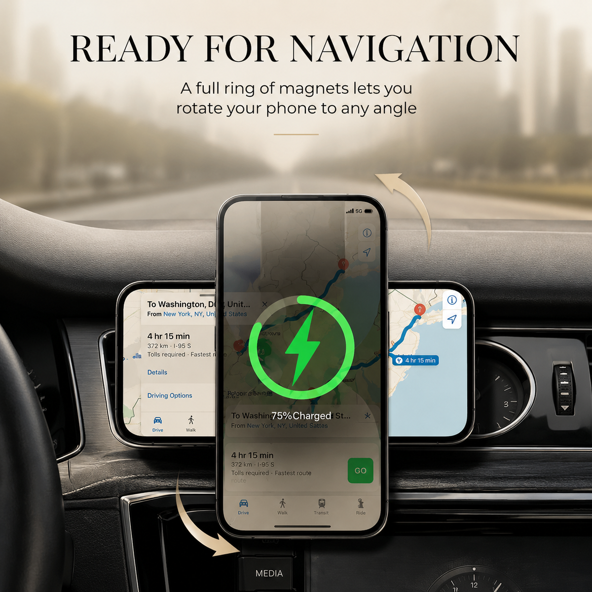 Navigation phones overlap in portrait and landscape orientations on a dashboard mount. A green charging symbol and curved arrows illustrate charging and rotation.