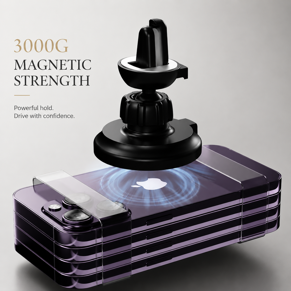 A rear view of a round vent mount floats above stacked purple phones with blue magnetic graphics. Text advertises 3000G magnetic strength.