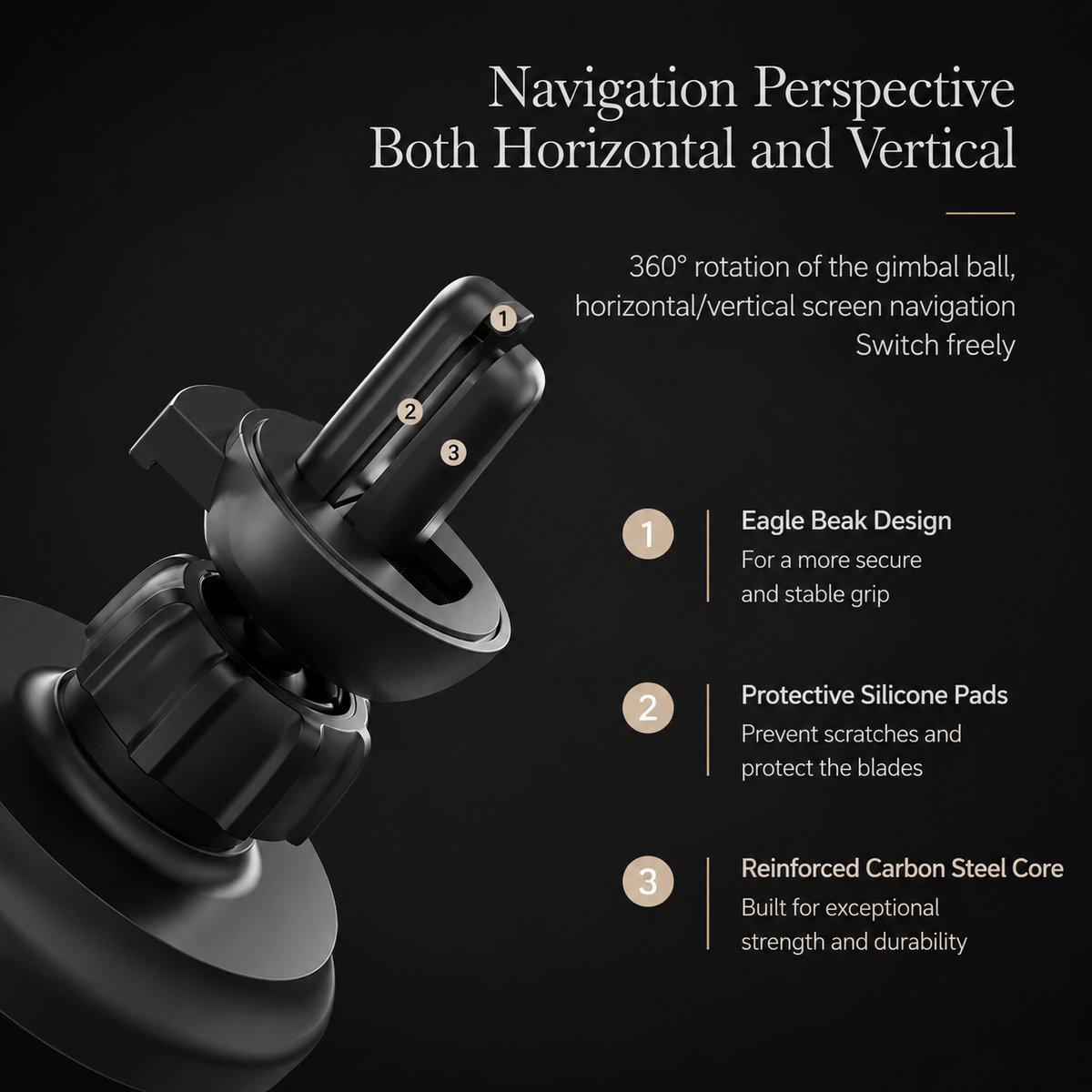 A close-up of the vent attachment labels its hook, protective pads and reinforced core. Text describes switching between portrait and landscape viewing.