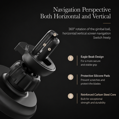 A close-up of the vent attachment labels its hook, protective pads and reinforced core. Text describes switching between portrait and landscape viewing.