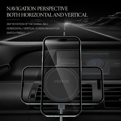 A phone overlaps portrait and landscape positions on a round vent mount in a dark car interior. Text advertises 360-degree ball-joint rotation.