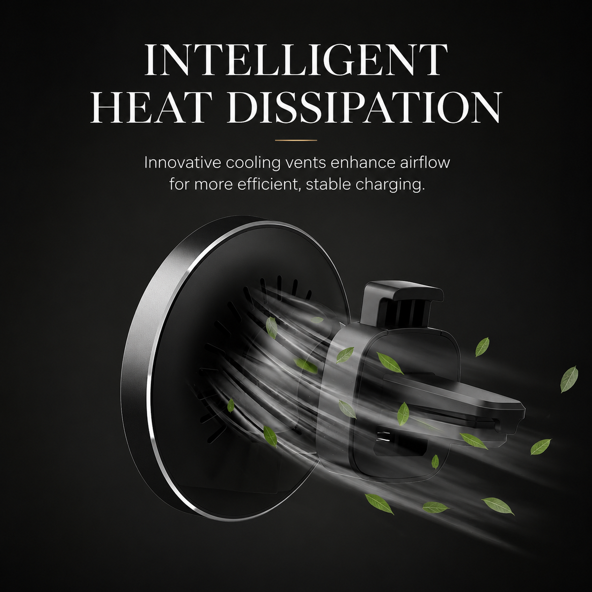 The back of a round charger shows ventilation slots with illustrated airflow and floating leaves. Text advertises heat dissipation.
