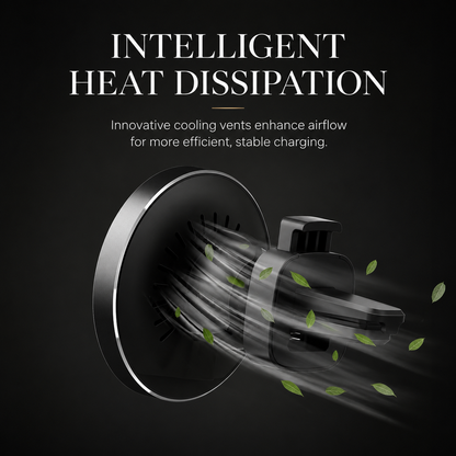 The back of a round charger shows ventilation slots with illustrated airflow and floating leaves. Text advertises heat dissipation.