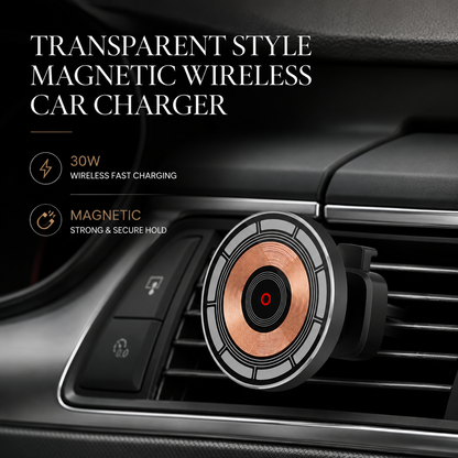 A round transparent-style charger attaches to a dashboard air vent, exposing its copper-colored coil. Text advertises 30W wireless charging and magnetic hold.