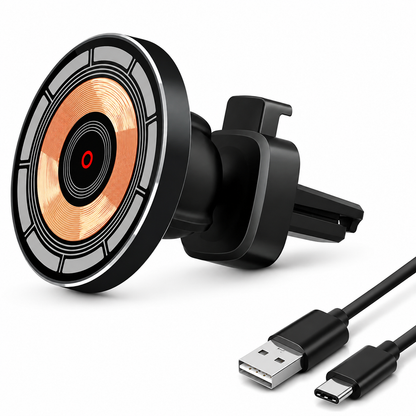 A round black car charger has a transparent-looking face showing a copper-colored coil and segmented outer ring. Its vent clip appears beside USB-A and USB-C cable ends.