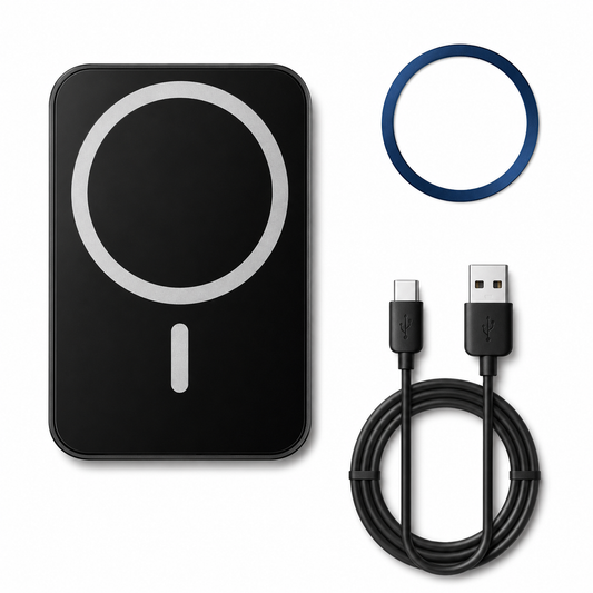 Black rectangular magnetic car charger with a silver ring and short bar on its face, shown beside a blue adhesive ring and a coiled black USB cable.