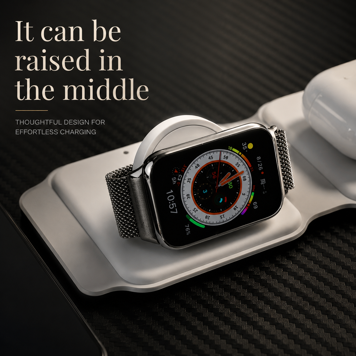A close-up shows a metal-band watch resting on the raised round center puck of a white folding charger, with white earbuds on an adjoining panel.