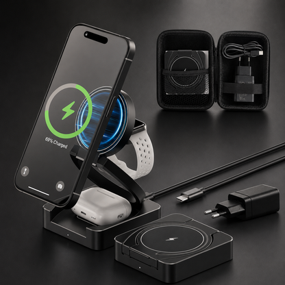 A black charger holds an upright charging phone, watch, and earbuds beside a folded charger, cable, wall adapter, and open zippered carrying case.