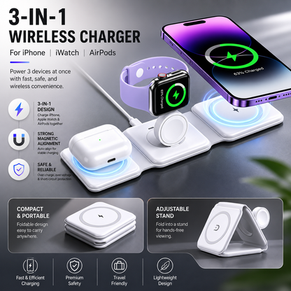 A white charger holds earbuds, a purple-band watch, and a purple phone. Insets show the compact folded shape and triangular stand, with text promoting magnetic alignment.