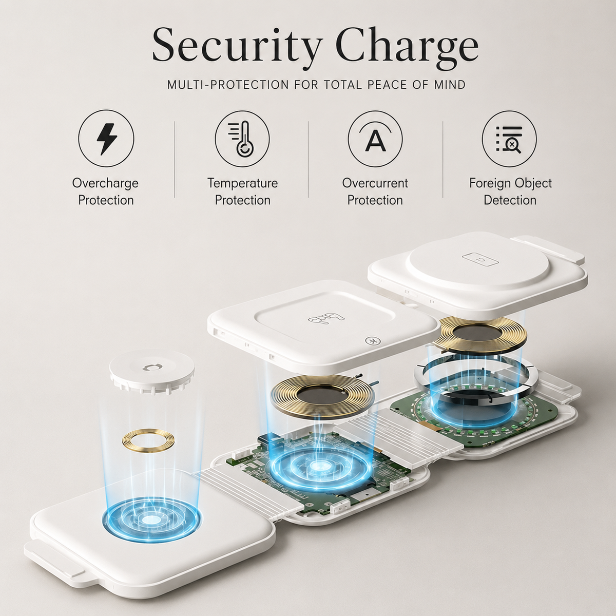 An exploded illustration of a white three-panel charger reveals circuit boards and copper-colored coils. Icons advertise overcharge, temperature, overcurrent, and foreign-object protection.