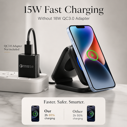 A black folded charging stand holds an upright phone beside a QC3.0 adapter. Text says the adapter is not included and compares advertised charging percentages after two hours.