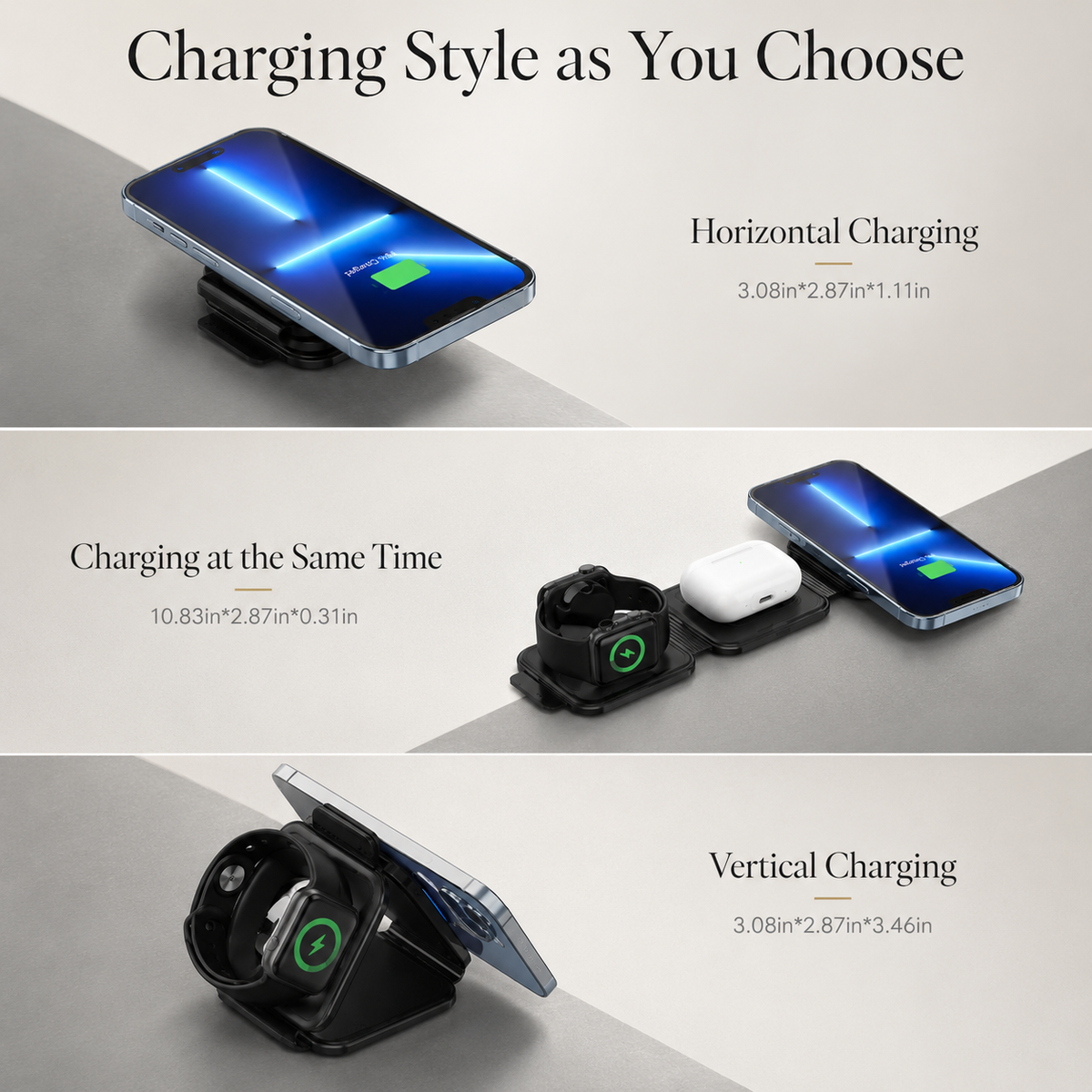 Three panels show a black folding charger used as a compact horizontal phone pad, fully opened for a watch, earbuds, and phone, and folded into a vertical stand.