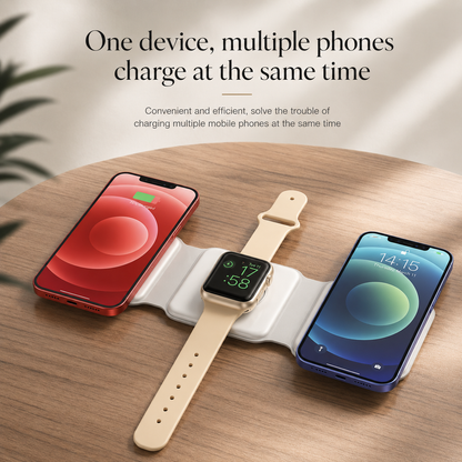 A white three-panel charger lies on a round wooden table, holding a red phone, beige-strap watch, and blue phone. Text promotes charging multiple devices together.