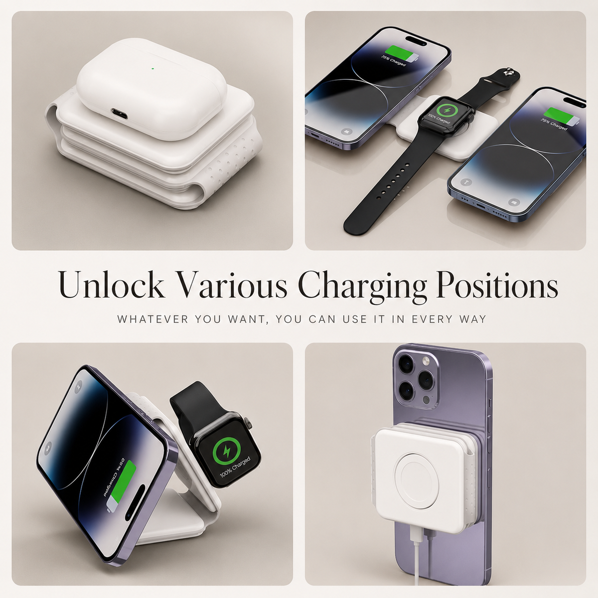 Four panels show a white folding charger beneath earbuds, opened for two phones and a watch, folded as a stand, and attached to the back of a phone.