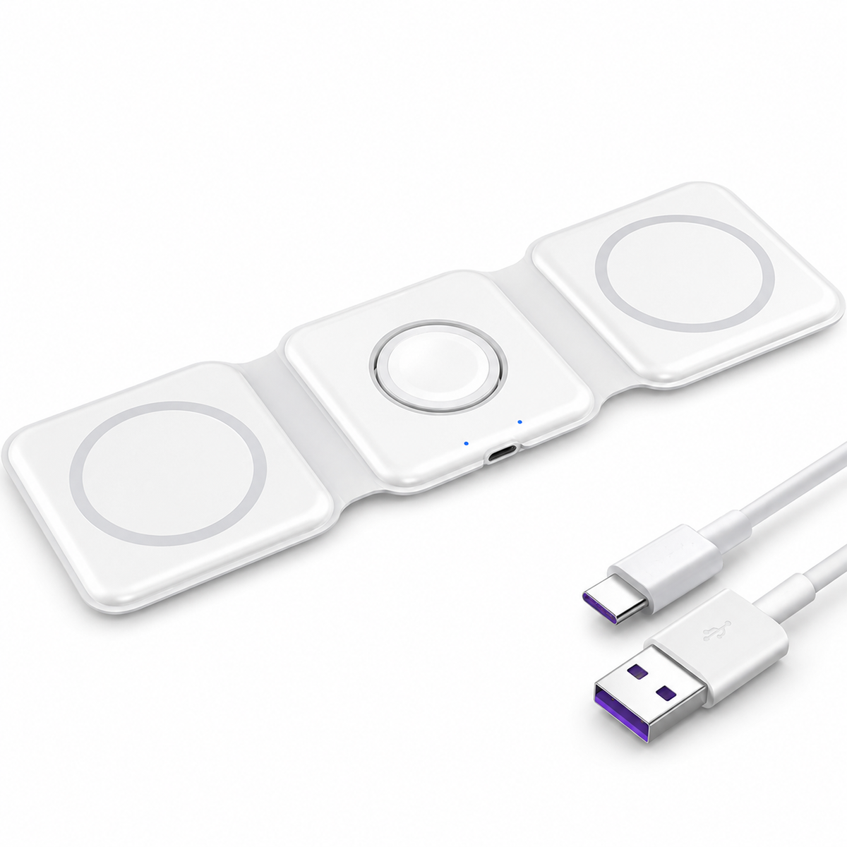 A white three-panel folding charger lies flat beside a white USB-A to USB-C cable, with pale gray charging rings and a circular watch charging area in the middle.