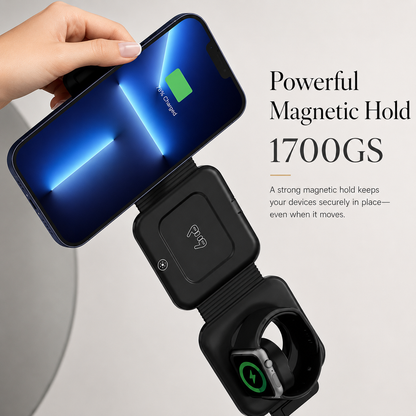 A hand lifts a horizontal phone while an unfolded black charger hangs beneath it with a watch attached. Text advertises a magnetic hold of 1700GS.