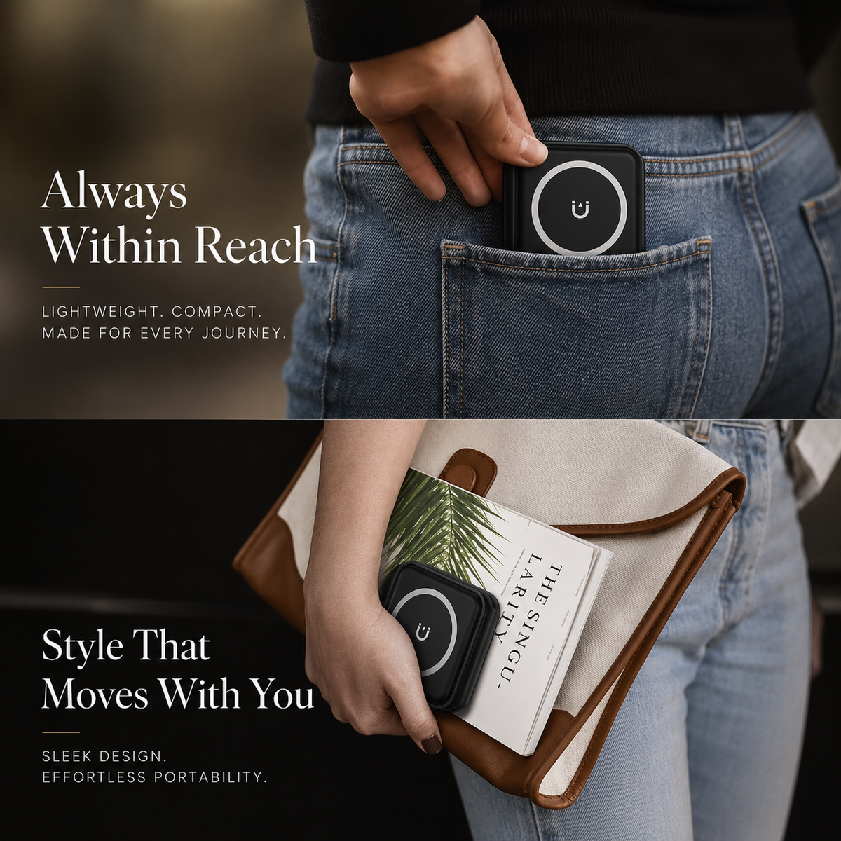 Two scenes show a folded black charger tucked into a jeans pocket and held beside a book and brown handbag, emphasizing its portable size.