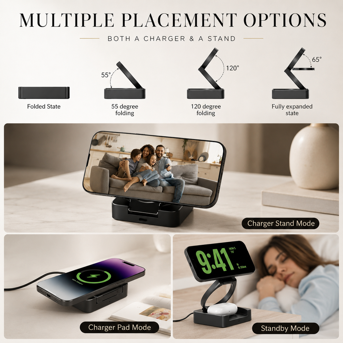 Diagrams show a dark charger folded flat and at several angles. Photos show horizontal phone viewing, a flat charging pad, and a bedside clock display above earbuds.