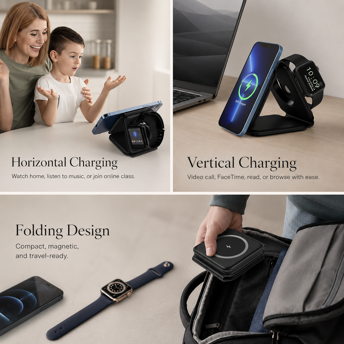 A woman and child view a horizontal phone on a black folded charger. Other panels show vertical charging beside a laptop and a folded charger being packed into a backpack.