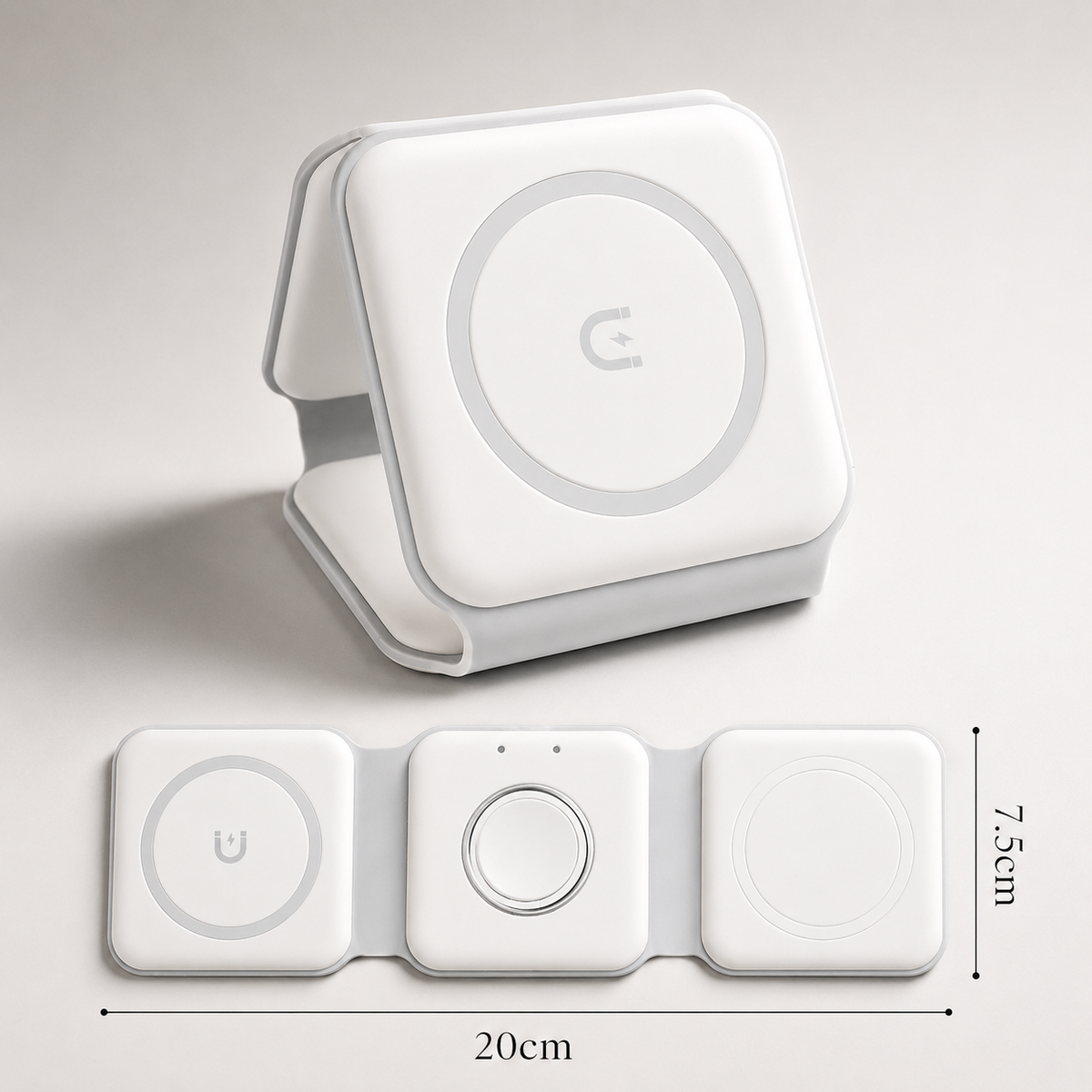 A white charger appears folded into a triangular stand and fully opened flat below. Dimension arrows label the opened pad 20 centimeters long and 7.5 centimeters wide.