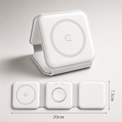 A white charger appears folded into a triangular stand and fully opened flat below. Dimension arrows label the opened pad 20 centimeters long and 7.5 centimeters wide.