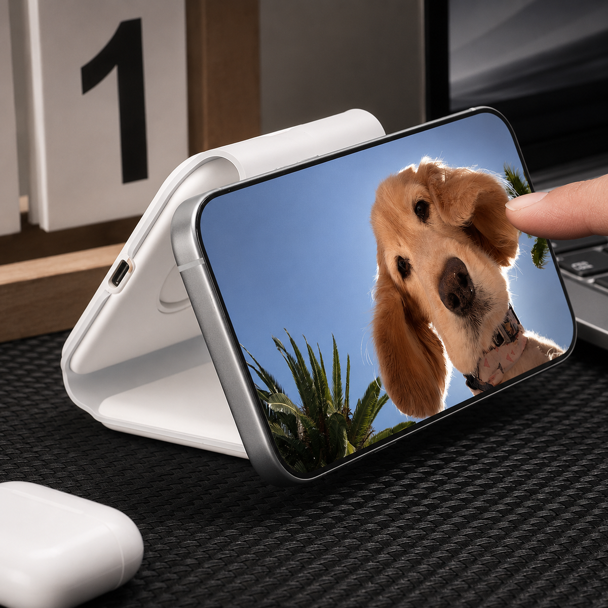 A hand touches a horizontal phone displaying a golden dog's face, supported by a white charger folded into a triangular stand.
