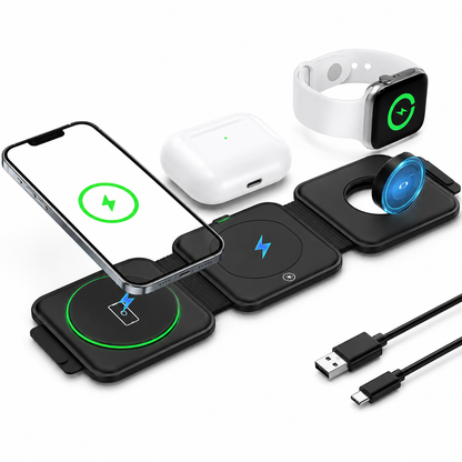 A phone, white earbuds, and white-band watch hover above a black three-panel charger, with blue charging graphics and a USB-A to USB-C cable beside it.