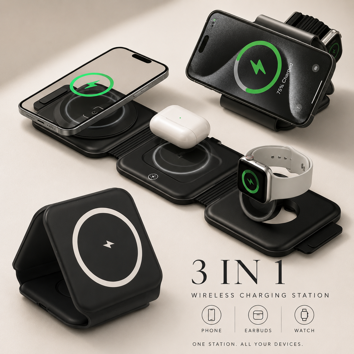 Premium Wireless Charger MagSafe Compatible 3 In 1 Foldable Magnetic Dock Fast Charging Portable Smartphone Watch Earbuds Stand