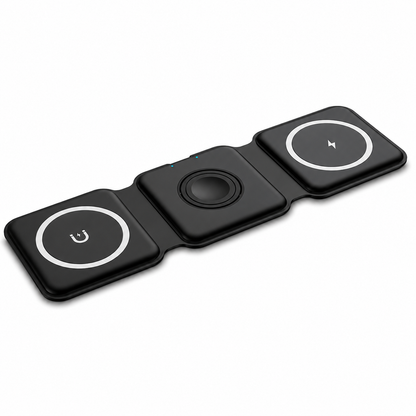 A black three-panel folding charger lies flat on white, with white rings on the outer pads and a recessed circular watch charging area in the middle.