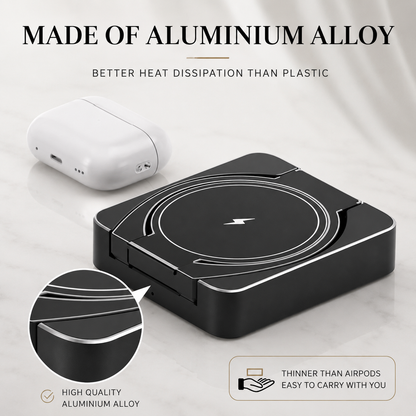 A folded black square charger sits beside white earbuds. A magnified corner highlights its layered edges, while text describes aluminum alloy construction and compact size.