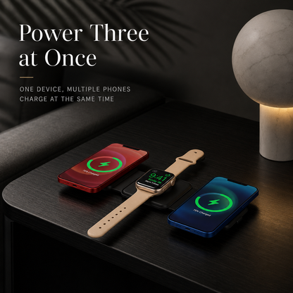 A black folding charger lies on a dark bedside table beside a globe lamp, charging a red phone, beige-strap watch, and blue phone at the same time.