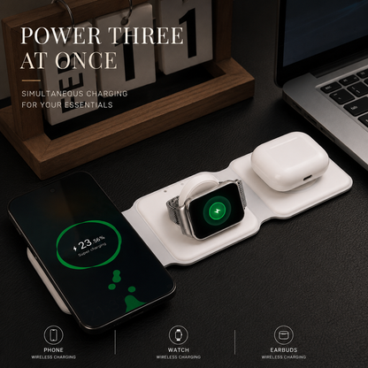 A white folding charger sits beside a laptop and wooden flip calendar, holding a phone, metal-band watch, and white earbuds across its three charging panels.