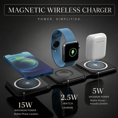 A blue phone, blue-band watch, and white earbuds hover above a black charger. Labels advertise 15-watt phone, 2.5-watt watch, and 5-watt outer-pad charging.