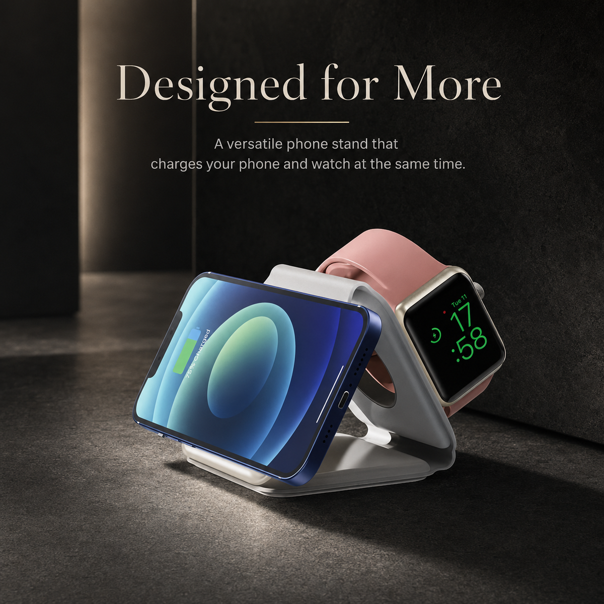 A white charger folded into a triangular stand supports a blue phone horizontally in front and a pink-band watch behind.