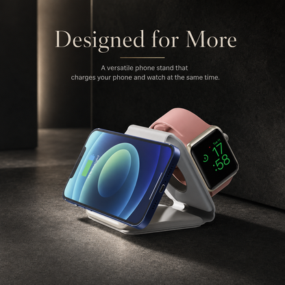 A white charger folded into a triangular stand supports a blue phone horizontally in front and a pink-band watch behind.