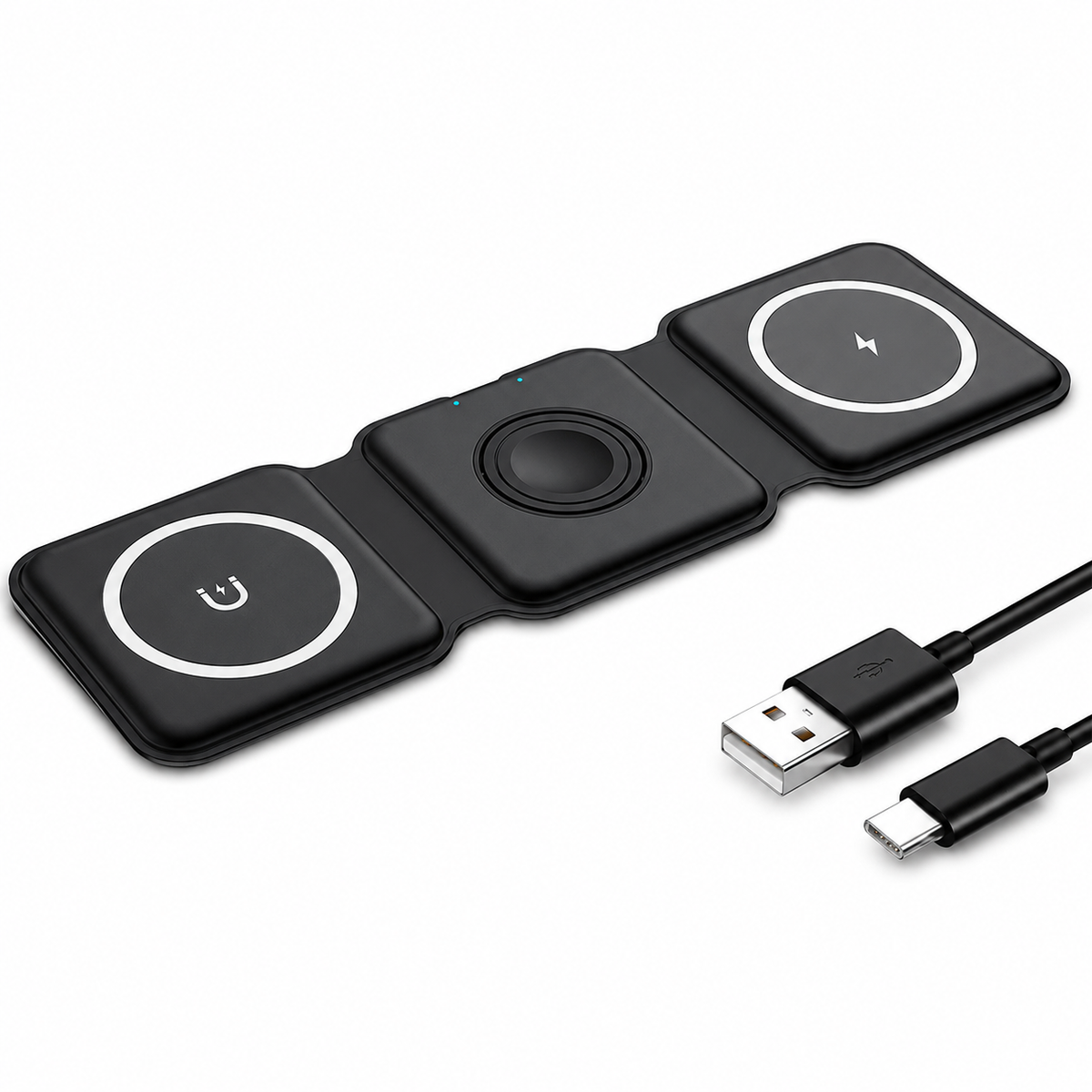 A black three-panel folding charger lies flat beside a USB-A to USB-C cable. White rings mark the outer charging pads, with a round watch charging area in the center.